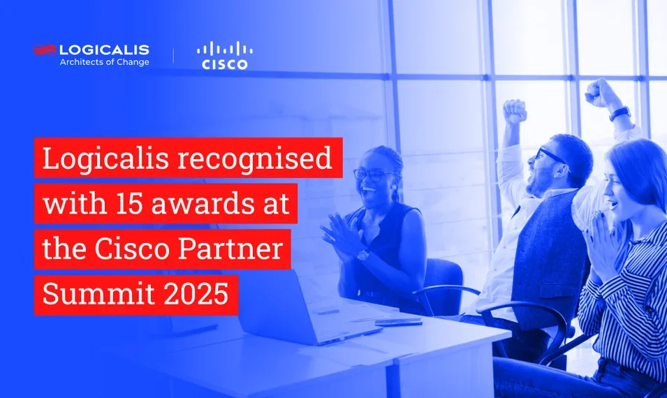 Image of people celebrating with title Logicalis recognised with 15 awards at the Cisco Partner Summit 2025
